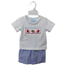 Load image into Gallery viewer, Blue &amp; Red Smocked Football Short Set boy &amp; girl styles
