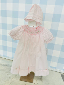 Pink smocked dress with bonnet