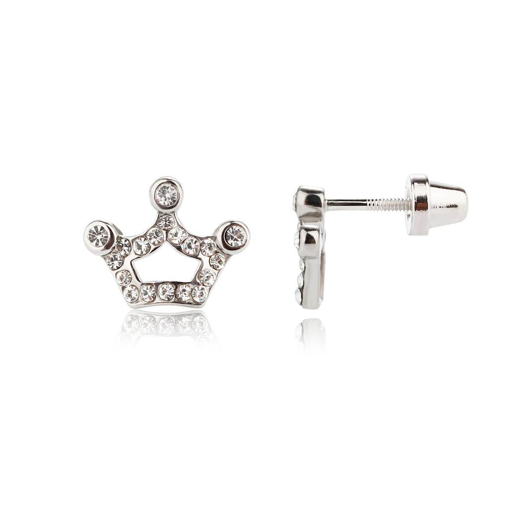 Sterling Silver Screw-Back Clear Princess Crown Earring